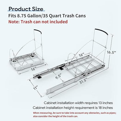 Tanamu Pull Out Trash Can Under Cabinet，Under Sink Slide Out Garbage for Kitchen，Requires 13" W X 18" D Minimum Cabinets，Not Included Can，Chrome Adjustable for 7-10 Gal Can