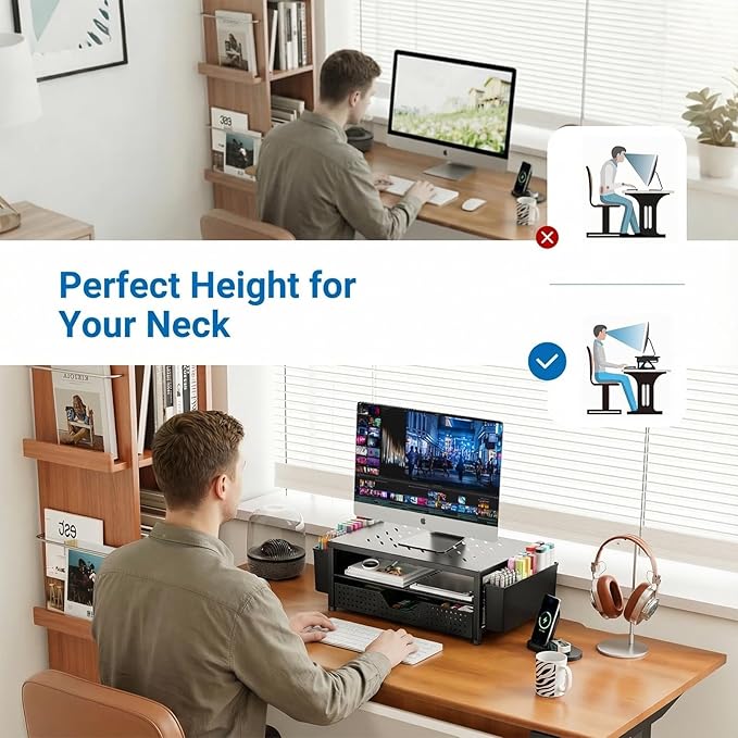 OPNICE Laptop Stand Desk Organizer, 2-Tier Metal Monitor Stand Riser with Drawer & 2 Pen Holders, Ventilated Perforated Steel Top, Office Desk Accessories for Home Office, Black - Image 3