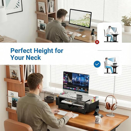 OPNICE Laptop Stand Desk Organizer, 2-Tier Metal Monitor Stand Riser with Drawer & 2 Pen Holders, Ventilated Perforated Steel Top, Office Desk Accessories for Home Office, Black - Image 3