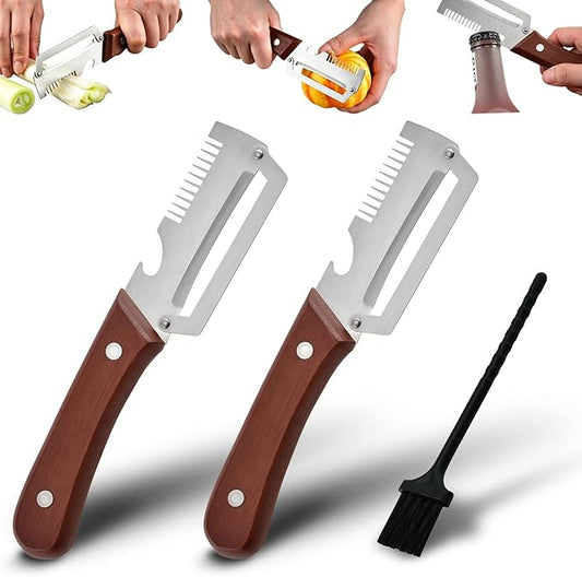 2PCS Multifunctional Vegetable Peeler, Upgrade 3-in-1 Wooden Handle Peelers with Bottle Opener, Premium Stainless Steel Peeler, Fruit Knife for Welsh Onion, Potato, Carrot, Apple, Pumpkin with a Brush by Unknown