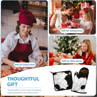 Brown Cowhide Oven Mitts and Pot Holders Sets Heat Resistant 4Pcs Potholders Oven Gloves Hot Pads for Kitchen Baking Cooking Grilling BBQ