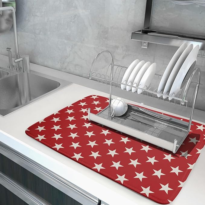 Patriotic July of 4th Red Star Dish Drying Mat for Kitchen Counter 18x24 Memorial Independence Day Absorbent Reversible Microfiber Drying Mats Kitchen Countertop Protector Dishes Drainer Rack Pad - Image 5
