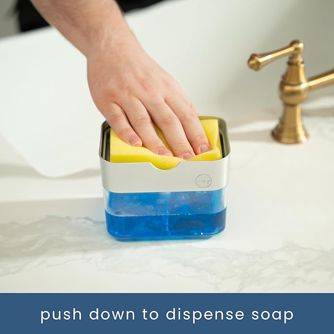 S&T INC. Dish Soap Dispenser and Sponge Holder for Kitchen Sink with Enhanced Features, Sponge Included, 13 Ounces, Silver - Image 2