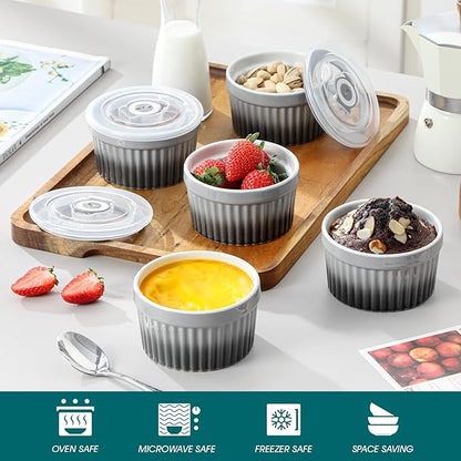 vancasso 8 oz Ramekins with Lid, Porcelain Creme Brulee Souffle Dishes, Grey Pudding Custard Cups Ramiken for Baking, Dishwasher and Oven Safe, Set of 6 - Image 4