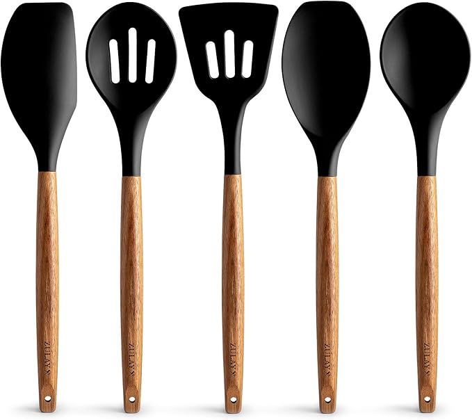 Zulay Kitchen Non-Stick Cooking Utensils Set with Authentic Acacia Wood Handles – 5-Piece Durable & Stylish Silicone Kitchen Utensils Set – Heat Resistant to 464°F – Black by ZulayKitchen