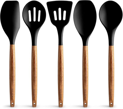 Zulay Kitchen Non-Stick Cooking Utensils Set with Authentic Acacia Wood Handles – 5-Piece Durable & Stylish Silicone Kitchen Utensils Set – Heat Resistant to 464°F – Black by ZulayKitchen