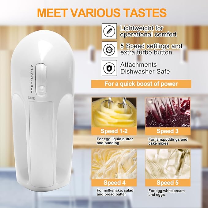 5-Speed Electric Hand Mixer, 4 Large Mixing Bowls Set, Handheld Mixers with Whisks Beater, Stainless Steel Metal Nesting Bowl Measuring Cups Spoons Kitchen Cake Blender for Baking Supplies - Image 5