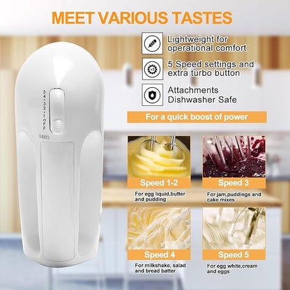 5-Speed Electric Hand Mixer, 4 Large Mixing Bowls Set, Handheld Mixers with Whisks Beater, Stainless Steel Metal Nesting Bowl Measuring Cups Spoons Kitchen Cake Blender for Baking Supplies - Image 5