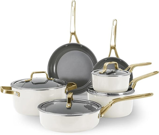 10-Piece Nonstick Ceramic Cookware Set, Non-Toxic Ceramic Coated Aluminum Pots and Pans with Lids, PFAS & PFOA &PTFE Free, Induction Compatible, Healthy Essential Kitchen Set -（White)