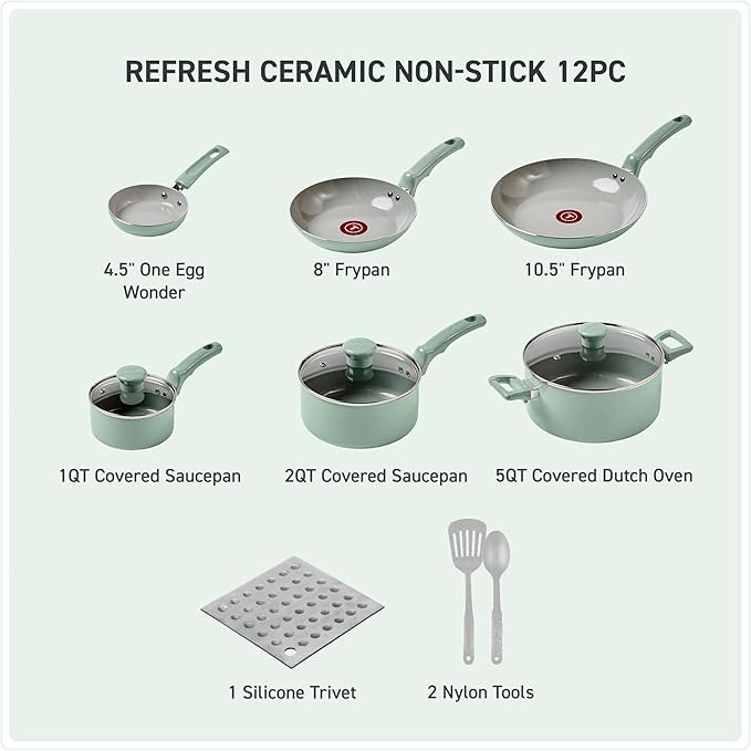 T-Fal Refresh Ceramic Nonstick Cookware Set, Oven Safe Up to 350ºF, 12-Piece, Includes Stockpot, Griddle, Frying Pans, Utensils, Ceramic Pots and Pans Set, Mint Green - Image 2