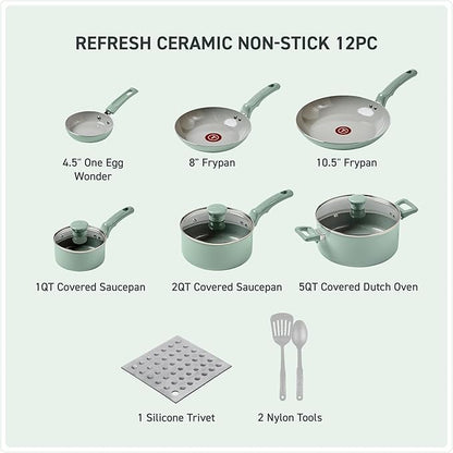 T-Fal Refresh Ceramic Nonstick Cookware Set, Oven Safe Up to 350ºF, 12-Piece, Includes Stockpot, Griddle, Frying Pans, Utensils, Ceramic Pots and Pans Set, Mint Green - Image 2