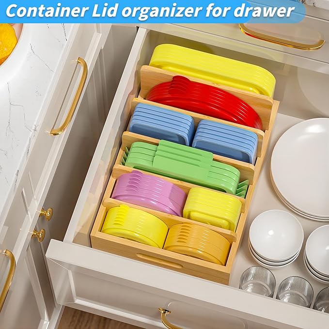 Kiasthome Bamboo Lid Organizers Inside Cabine, Kitchen Cabinet Organizer with 5 Adjustable Dividers, Food Container Plastic Holders for Drawer Pantry, Nature - Image 4