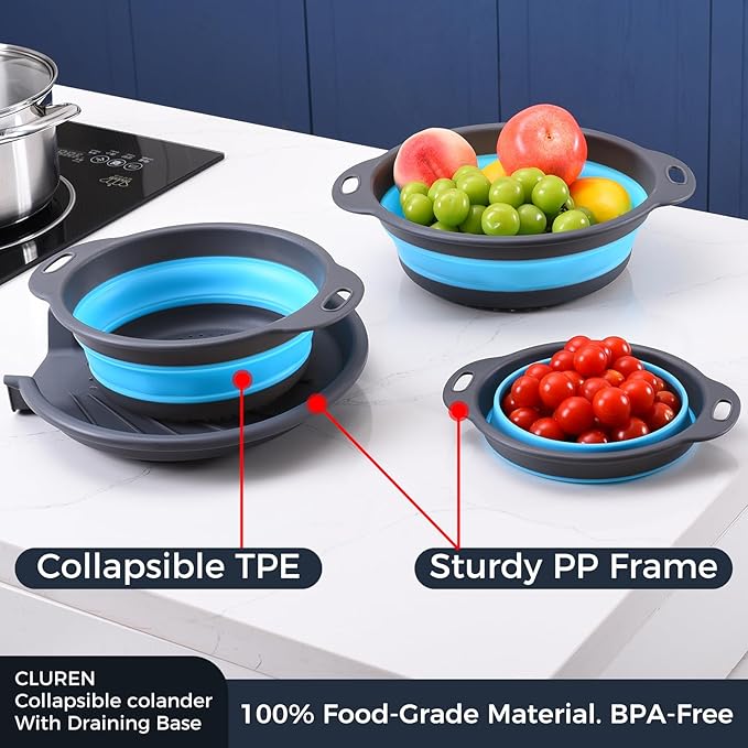 Collapsible Colander Set with Oversized Draining Tray | 3-Pack Foldable Kitchen Strainers + Base | Space Saving for Pasta, Veggies, Fruit & Rice | 5 Colors (Gray-Blue) - Image 5