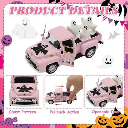 Halloween Decorations - Mini Cute Farmhouse Style Halloween Metal Truck Decor with 3 Removable Mini Ghost Ornaments for Tabletop, Tiered Tray, Shelf, Fireplace and Home Indoor Décor(Halloween-Pink)