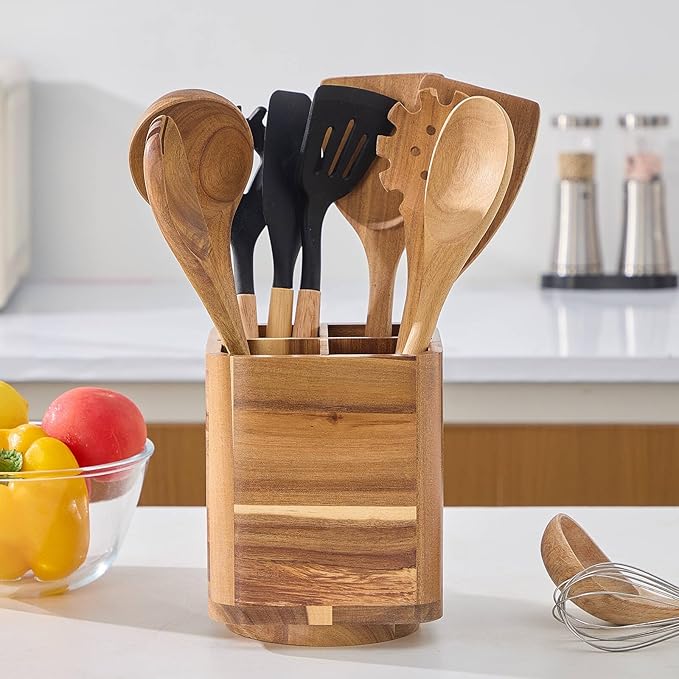 Wood Utensil Holder for Kitchen Counter, 360° Rotating Kitchen Utensil Holder, 7.2"x 6" Large Acacia Cooking Utensil Crock for Countertop (SQUARE) - Image 2
