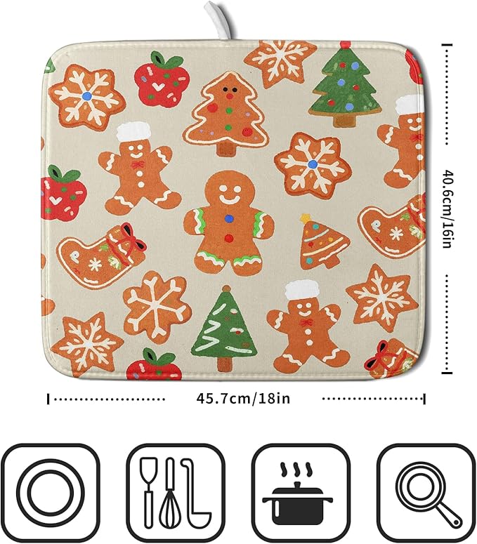 Christmas Dish Drying Mat for Kitchen Counter 16x18 Cute Gingerbread Themed Winter Xmas Holiday Absorbent Reversible Microfiber Drying Mats Kitchen Countertop Protector Dishes Drainer Rack Pad - Image 2