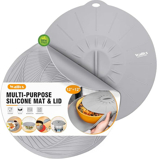Walfos Silicone Microwave Mat & Lid Set, Heat Resistant Multi-Purpose Trivet Mat and Seal Lids, Non-Slip and BPA Free, Perfect for Oven and Hot Pan