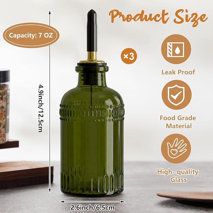 3 Pack Olive Oil Dispenser 7oz, Olive Green Glass Bottle with Metal Spout and Lid, Vinegar Cruet Kitchen Small Oil for Cooking, Salad, Baking (Elegant) - Image 2