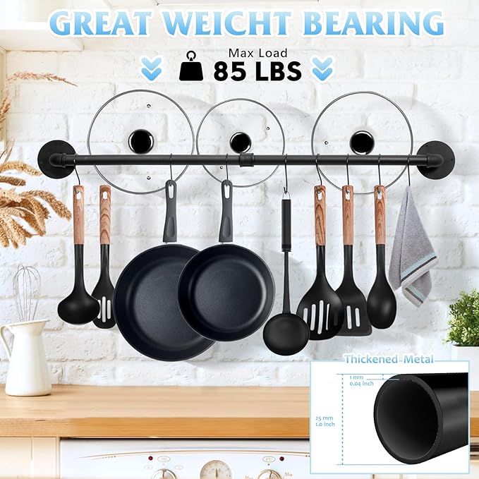 32 inch Pot Rack Wall Mounted Pan Hangers for Kitchen, Industrial Pipe Utensils Hanging Rail Iron Detachable Storage Organizer Lids Holder with 8 S Hooks, Black - Image 6
