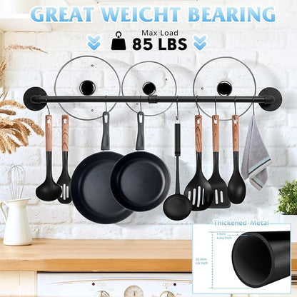 32 inch Pot Rack Wall Mounted Pan Hangers for Kitchen, Industrial Pipe Utensils Hanging Rail Iron Detachable Storage Organizer Lids Holder with 8 S Hooks, Black - Image 6