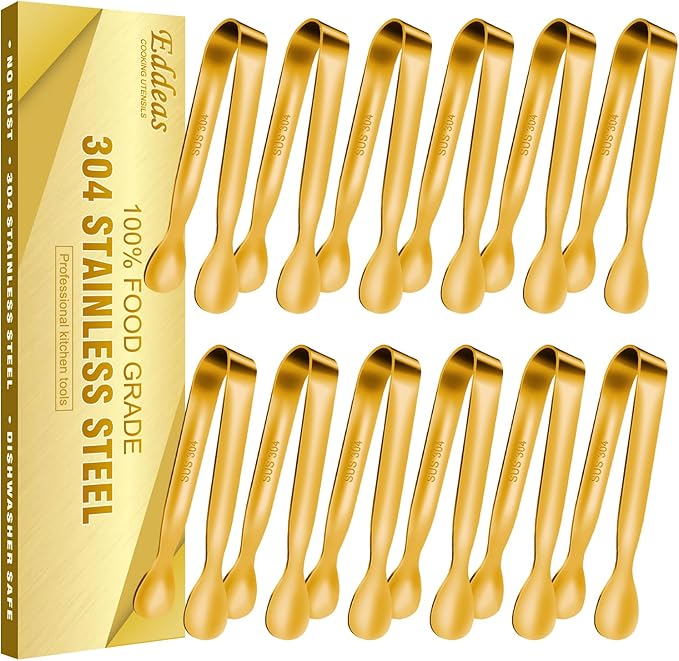 EDDEAS 12 PCS Small Serving Tongs, 4.3" Mini Gold Tongs, Gold Kitchen Tongs for Serving Food, Coffee Bar, Tea Party, Desserts Party and Ice Bucket by Eddeas