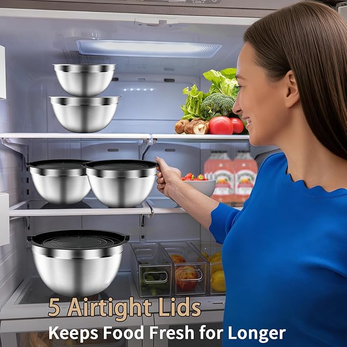 Mixing Bowls with Airtight Lids Set, 5 PCS Stainless Steel Black Nesting Bowls for Kitchen, Large Prep Metal Mixing Bowls for Kitchen, 5.5/4/3.5/2/1.5 QT for Mixing & Serving