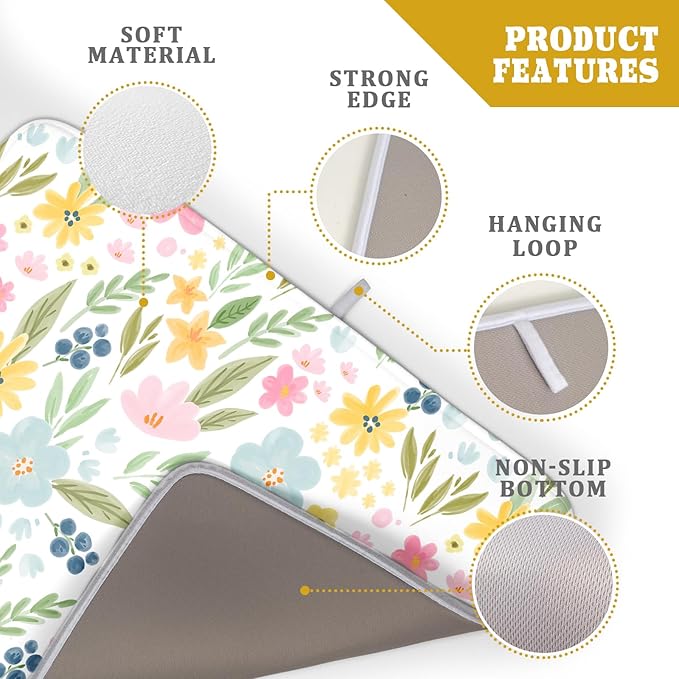 Spring Dish Drying Mat for Kitchen Counter Cute Floral Summer Holiday Microfiber Absorbent Dish Draining Reusable Washable Foldable Extra Large 18"x24" - Image 4