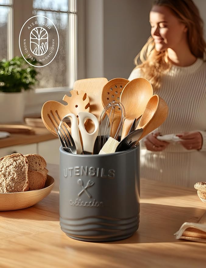 AISBUGUR Large Ceramic Utensil Holder 7.5" H×6.3" W with Slanted Mouth - Utensil Crock with Non-Slip Cork Base for Kitchen Counter, Ideal for Decor & Gift,Grey - Image 6
