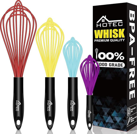 HOTEC 4 Pieces Silicone Whisks Set, Wire Balloon Whisks Egg Beater, Non-slip Handle Whisk for Non-stick Cookware Perfect for Cooking, Stirring, Beating and Blending (Multicolor) by Hotec