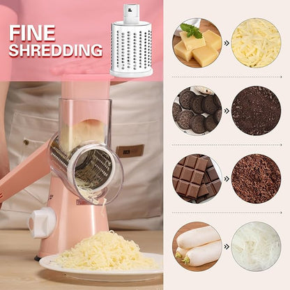 Cambom Rotary Cheese Grater Hand Crank Cheese Shredder for Fresh Cheese, Vegetable, Nuts,Non-slip Suction Base, Free Cleaning Brush Three Blades, Pink - Image 4