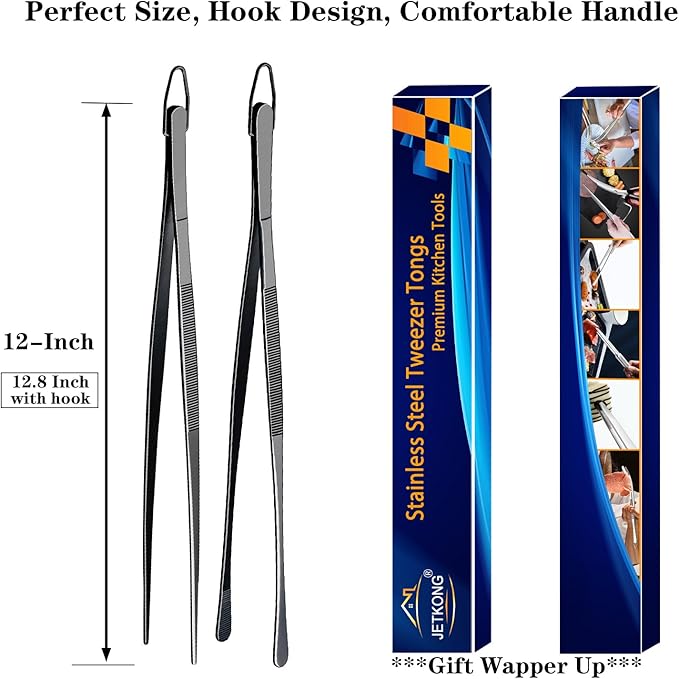 JETKONG 2 Pcs 12-Inch Food Tweezer Tongs, Stainless Steel Kitchen Tweezer Cooking Tweezers (Black) - Image 7