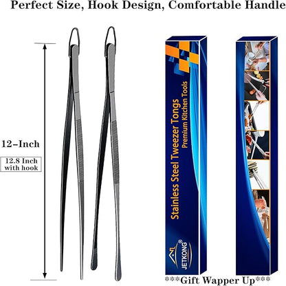 JETKONG 2 Pcs 12-Inch Food Tweezer Tongs, Stainless Steel Kitchen Tweezer Cooking Tweezers (Black) - Image 7