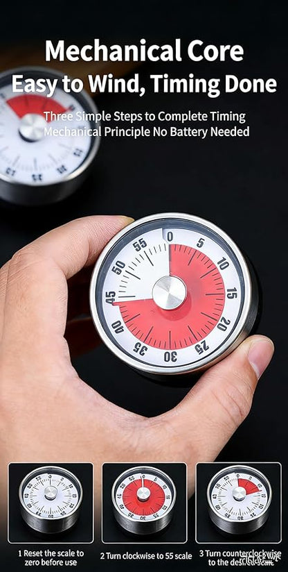 Mechanical Kitchen Timer, 60-Minute Wind Up Countdown Timer with Magnetic Back, Stainless Steel, Loud Alarm, Red White for Cooking Baking Classroom
