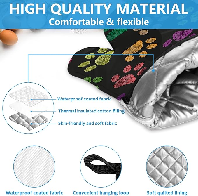 Colorful Paw Print Oven Mitts and Pot Holders Sets Heat Resistant 4Pcs Potholders Oven Gloves Hot Pads for Kitchen Baking Cooking Grilling BBQ