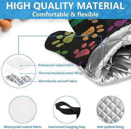Colorful Paw Print Oven Mitts and Pot Holders Sets Heat Resistant 4Pcs Potholders Oven Gloves Hot Pads for Kitchen Baking Cooking Grilling BBQ