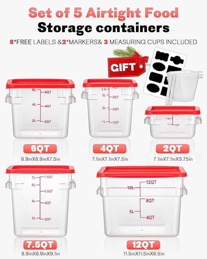 2QT4QT NSF Food Storage Containers: 6PCS [Food Grade][Hot&Cold Resistant] Commercial Clear Food Storage Containers with Lids for Restaurant Kitchen Proof Dough, Measuring Spoons Included(Red N) - Image 8