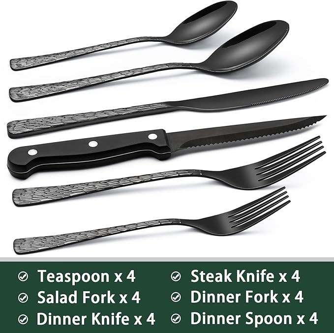 EWFEN 24-Piece Black Silverware Set with Steak Knives, Black Flatware Set for 4, Food-Grade Stainless Steel Tableware Cutlery Set, Mirror Finished Utensil Sets for Home Restaurant, Tree Pattern - Image 2
