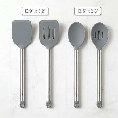 Vayvnt 4 PCS Cooking Utensils Set, Silicone Kitchen Spatula Set for Cooking, Non Toxic Silicone Kitchen Utensils with Stainless Steel Handle, Spoon and Turner, Heat Resistant&Dishwasher Safe, Gray