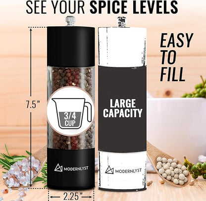 Manual Salt and Pepper Grinder Set of 2 | Large Round Salt and Pepper Shakers Set | 7.5 inch Stainless Steel Salt Grinder Refillable | Pepper Grinder Manual (Black)