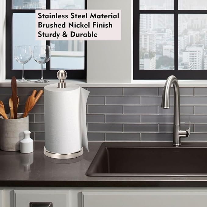 Kalitro Paper Towel Holder Countertop, Standing Paper Towel Roll Holder for Kitchen Bathroom, with Weighted Base for One-Handed Operation (Stainless Steel Base, Brushed Nickel) - Image 7