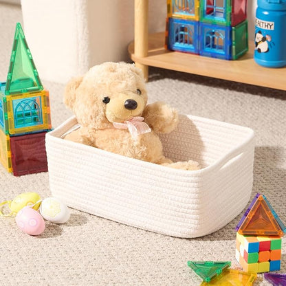 MiniArk Small Storage Baskets for Organizing | Closet Organizer Bins | Shelf Toy Basket | Woven Rope Baskets | Cube Decorative Box | Shallow Basket | 13x8.5x5.1” | 3 Packs Off White