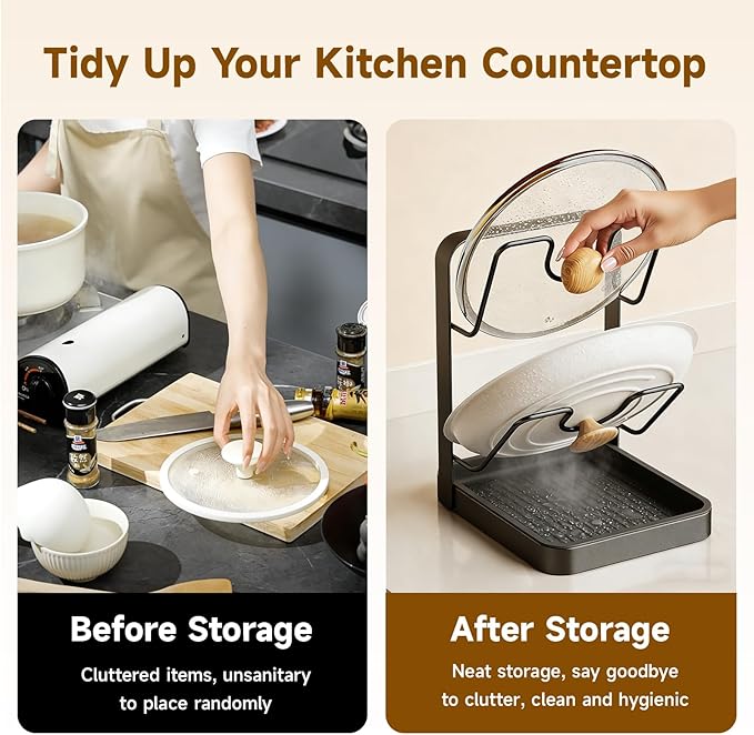 Kitchen Pot Lid Storage Rack, 2-Tier Lids Holder with Detachable Drip Tray While Cooking, Multifunctional Countertop Organizer for Cutting Boards, Ladles and Pan Covers - Image 2