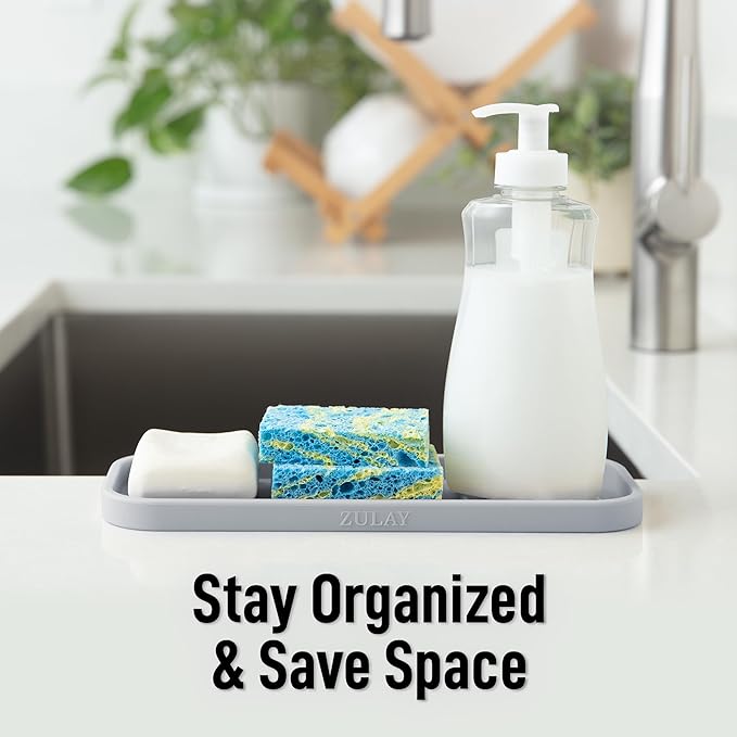 Zulay Kitchen (9x3.5in) Sponge Holder for Kitchen Sink - Flexible Heavy-Duty Multipurpose Sink Caddy - Counter Organizer for Kitchen, Bathroom, Makeup, Trinkets & More! (Grey) - Image 6