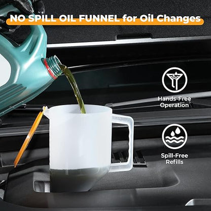 FOUR UNCLES 1.5L Oil Funnel Kit, Universal No-Spill Engine Oil Funnel with 14 Adapters Fits for Most Cars, Trucks & SUVs, Hands-Free Operation and Transparent Monitoring