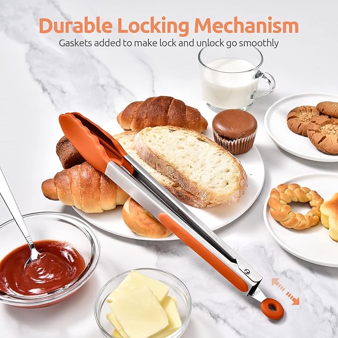 600ºF Heat Resistant Kitchen Tongs: U-Taste 12 inch Large Silicone Cooking Tong with Sturdy Non Stick Rubber Tips & Silicon Coated 18/8 Stainless Steel Handle & Smooth Locking for Serving Grill-Orange - Image 7