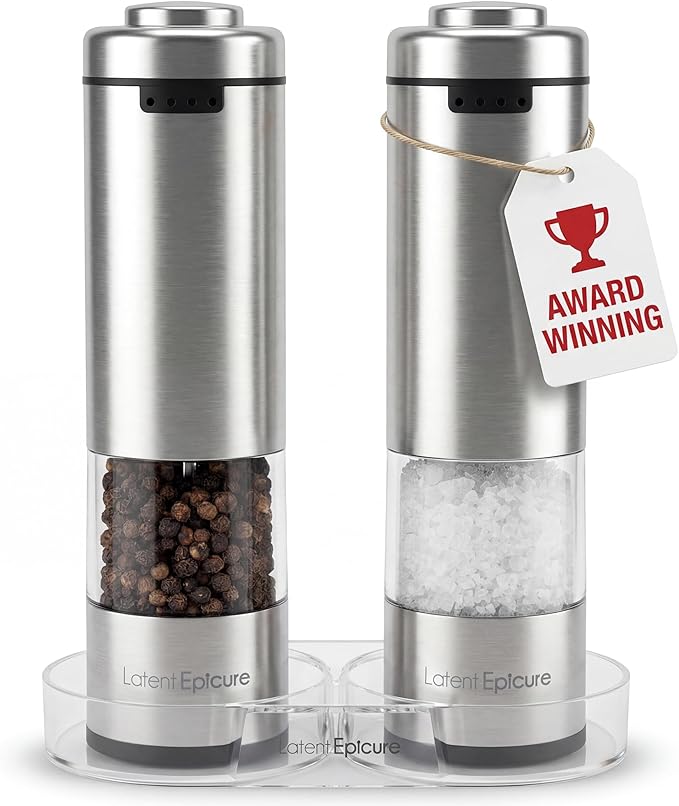 Latent Epicure Electric Salt and Pepper Grinder Set, USB-C Rechargeable Stainless Steel Mills with LED Light, Adjustable Ceramic Grinders with Acrylic Mill Rest Tray