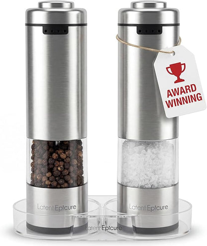 Latent Epicure Electric Salt and Pepper Grinder Set, USB-C Rechargeable Stainless Steel Mills with LED Light, Adjustable Ceramic Grinders with Acrylic Mill Rest Tray