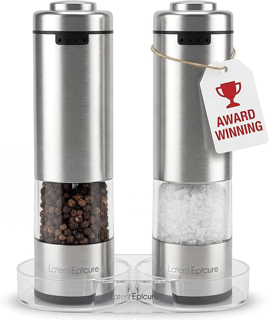 Latent Epicure Electric Salt and Pepper Grinder Set, USB-C Rechargeable Stainless Steel Mills with LED Light, Adjustable Ceramic Grinders with Acrylic Mill Rest Tray