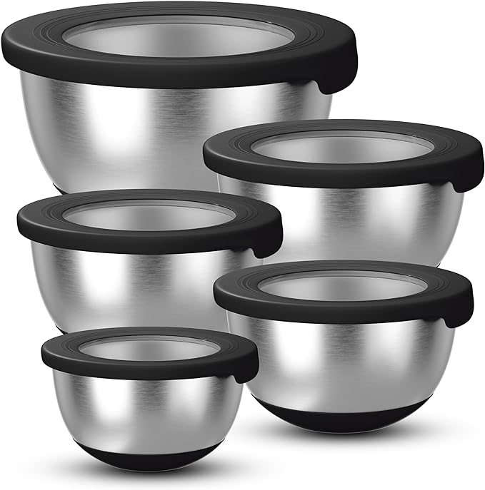 KITEISCAT Stainless Steel Mixing Bowls with Lids – Set of 5 Large Nesting Metal Bowls for Kitchen, Baking, Cooking, Food Prep & Storage, Non-Slip Base, Dishwasher Safe,Black by KITEISCAT