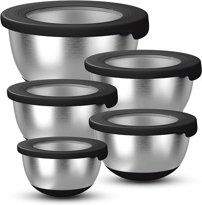KITEISCAT Stainless Steel Mixing Bowls with Lids – Set of 5 Large Nesting Metal Bowls for Kitchen, Baking, Cooking, Food Prep & Storage, Non-Slip Base, Dishwasher Safe,Black by KITEISCAT